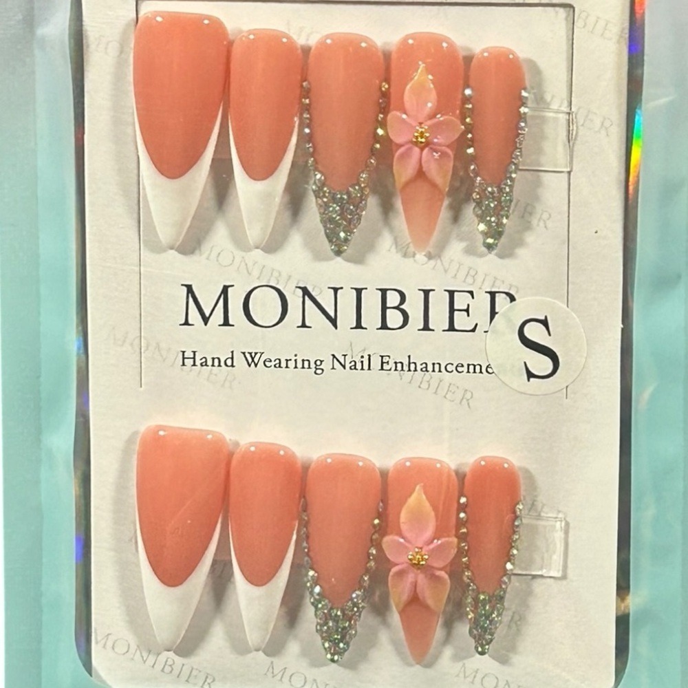 Peach Floral 3D PressOn Nails Soft Girl Romantic‎ Clean Girl Aesthetic Almond S